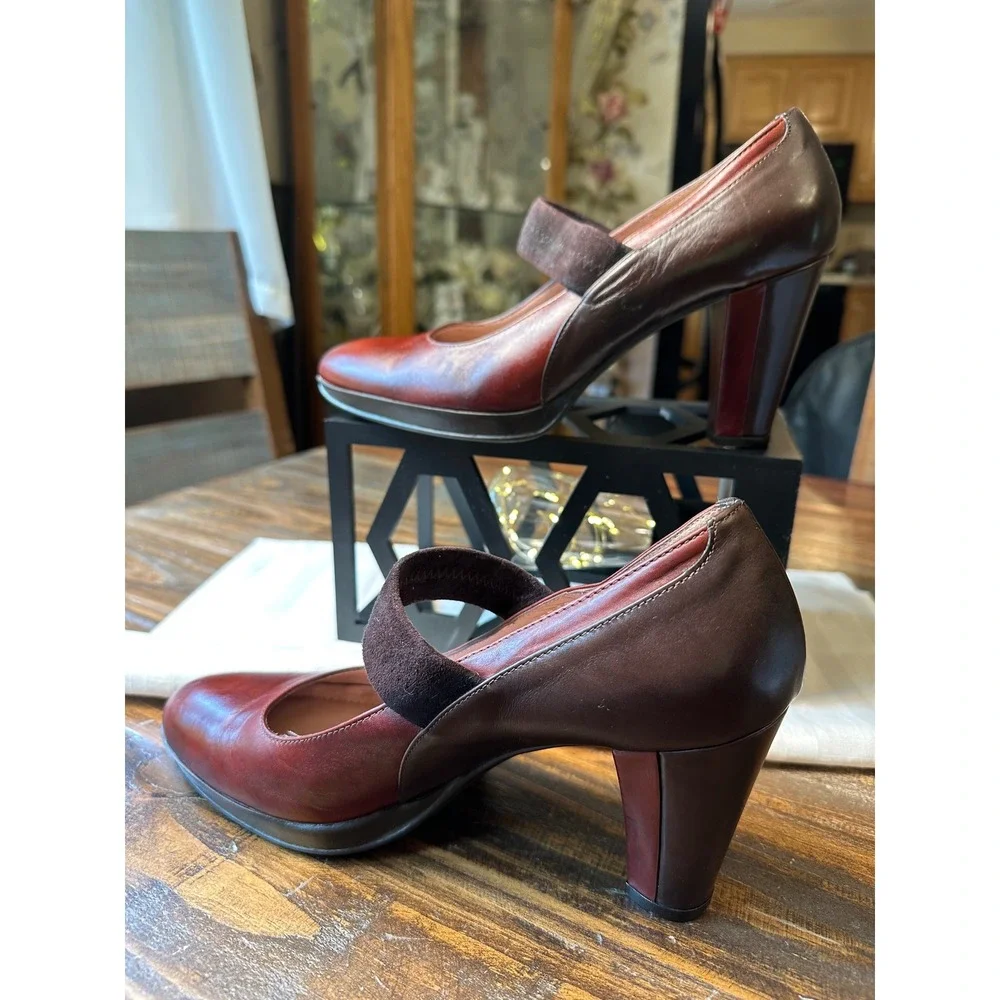 BeautiFeel Two Tone Leather Mary Jane Block Heel Pump Burgundy Brown Sz 39 8/8.5